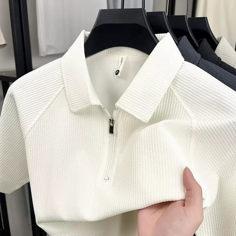 2026 High-Quality Short-Sleeved T-Shirt Men's Lapel Striped Half-Sleeve Zipper Base Shirt