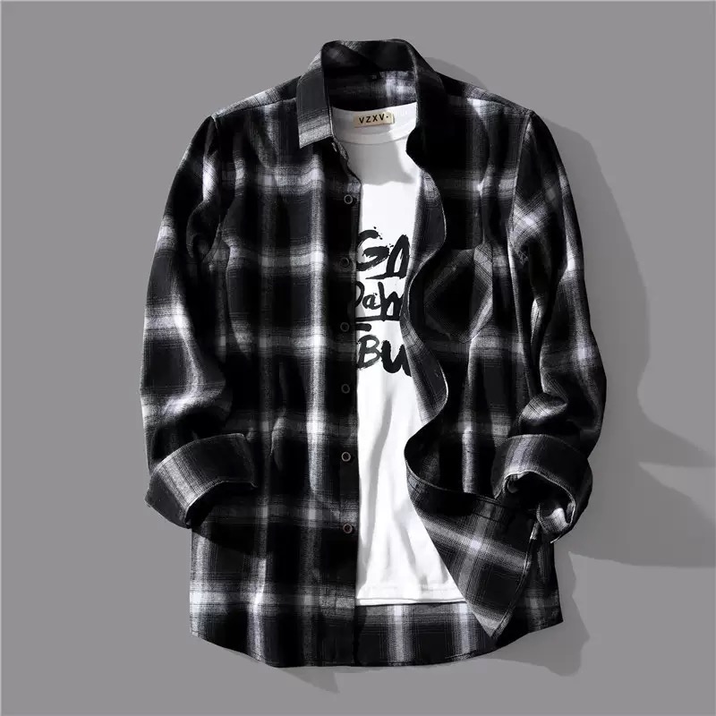 Men's Japanese Style Black and White Plaid Long-Sleeved Shirt