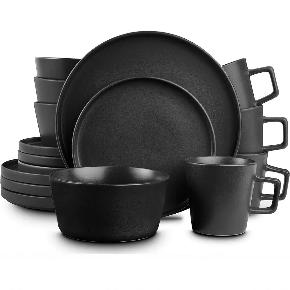 Ceramic Black 16-Piece Dinnerware Set for 4