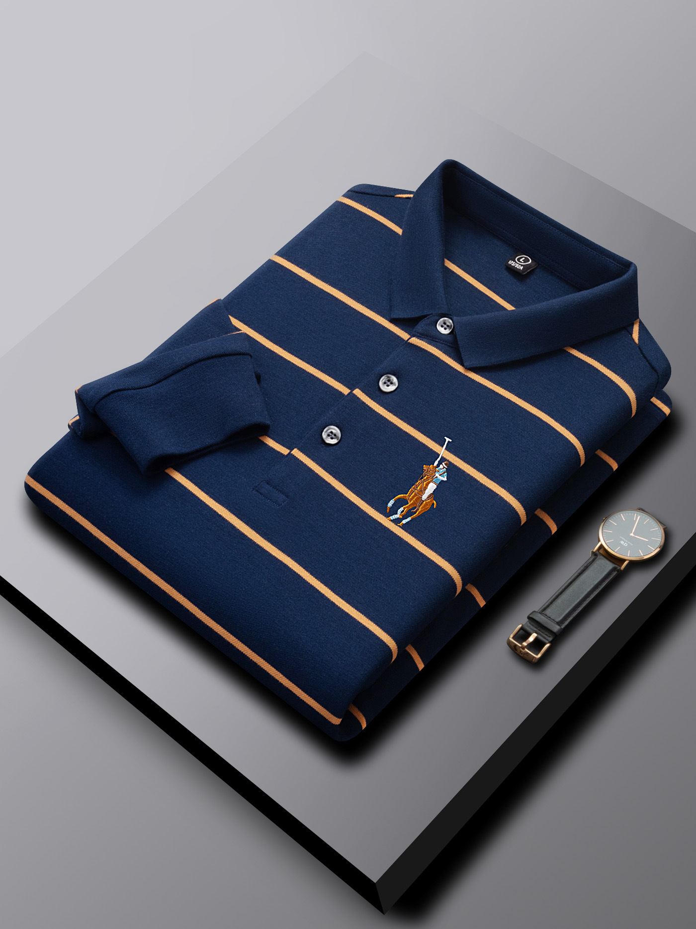 Men's Paul Brand Cotton Striped Long-Sleeve Polo Shirt Business Casual T-Shirt