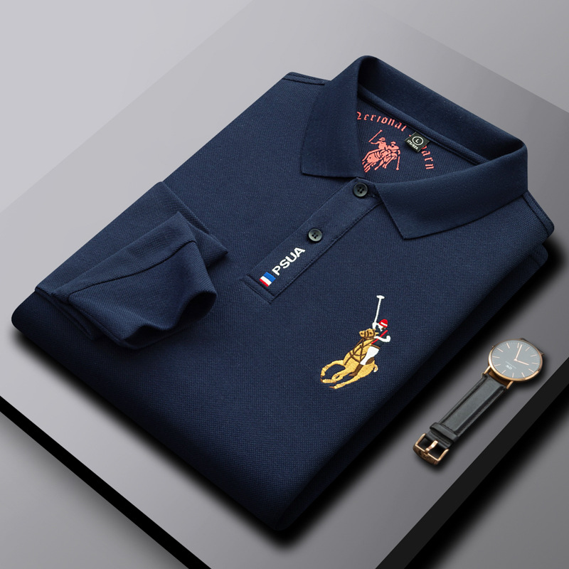 Ali Hu Men's Autumn Embroidered Solid Color Cotton Long-Sleeve Casual Polo Shirt