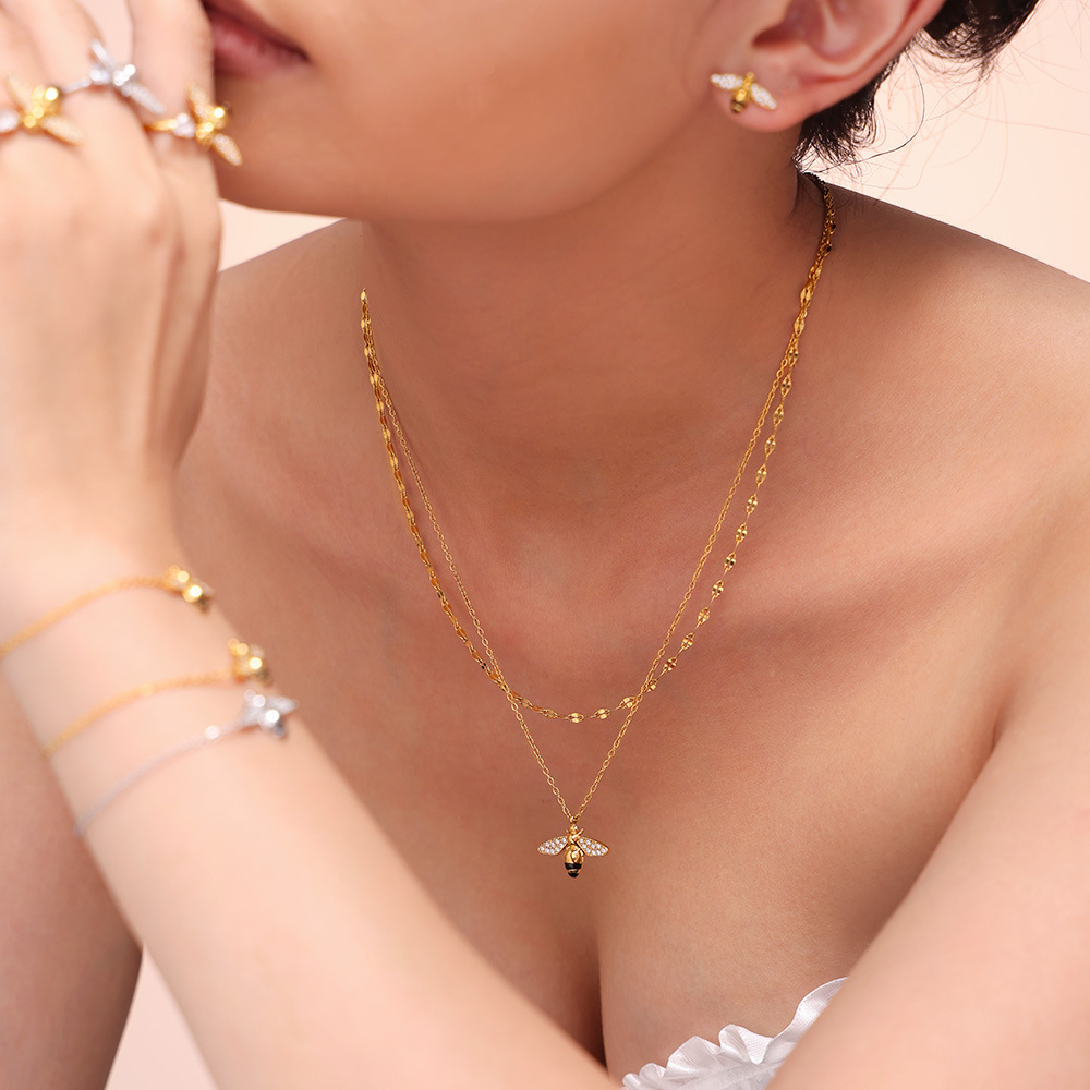 Xinyixin Jewelry Bees Zircon Double-layer Necklace Bracelet Ring Earrings