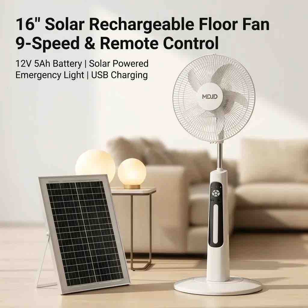 16 inches Solar Rechargeable Floor Fan 9 Speed & Remote Control