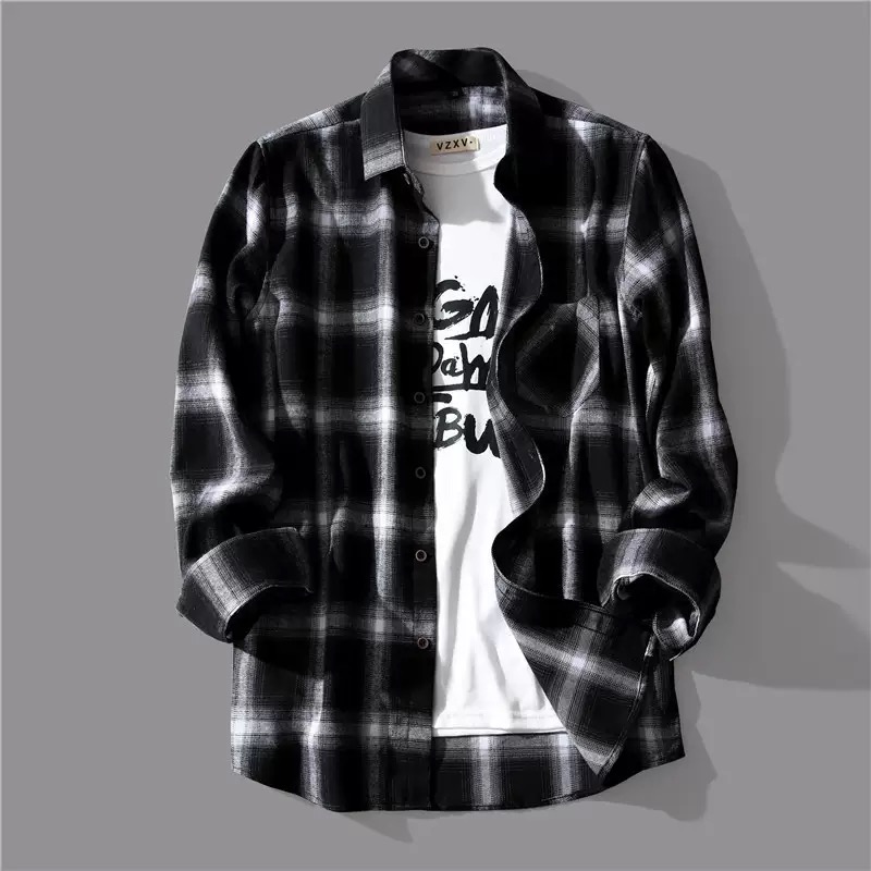 Autumn Japanese Style Black and White Plaid Long-sleeved Shirt Men's Design Sense