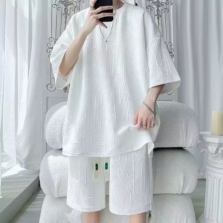Shirt Less Clothing Summer New Three-dimensional Alphabet Jacquard Suit Boys Salt Casual