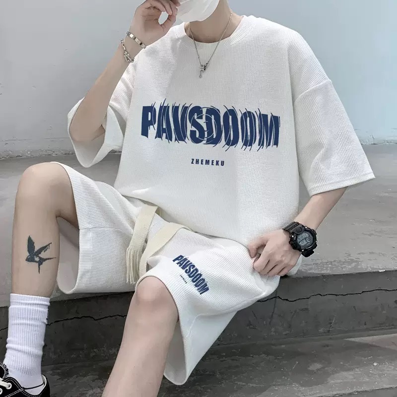Waffle American Casual Sports Suit Men's Summer Large Size Handsome Trendy Short-Sleeved Set