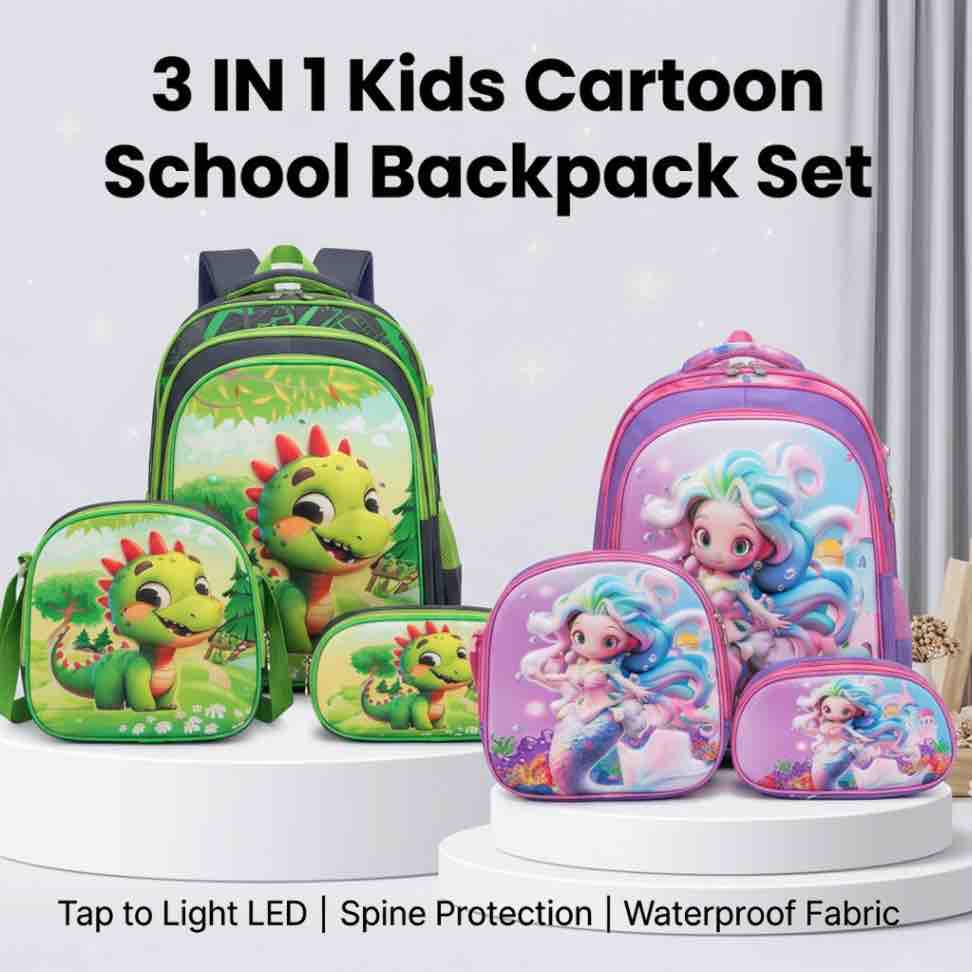 3 In 1 Kids Cartoon School Backpack Set