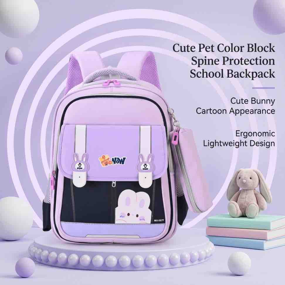 Cute Pet Color Block Spine Protection School Backpack
