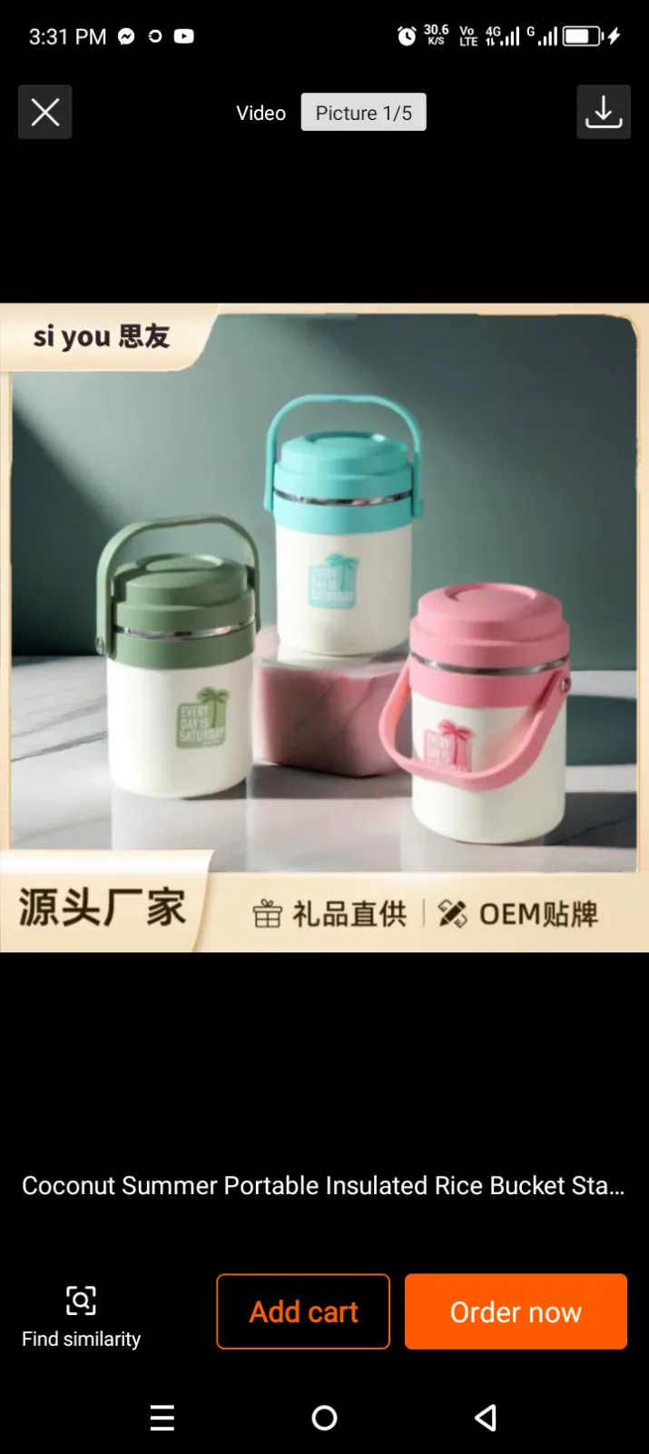 Portable Insulated Rice Bucket Stainless Steel Lunch box