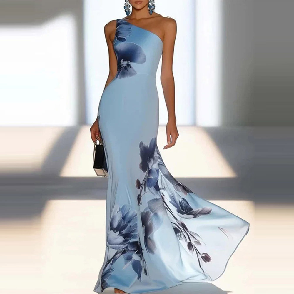 Model Elastic Blue Printed One-Shoulder Long Dress Elegant Temperament Party Gown Dress